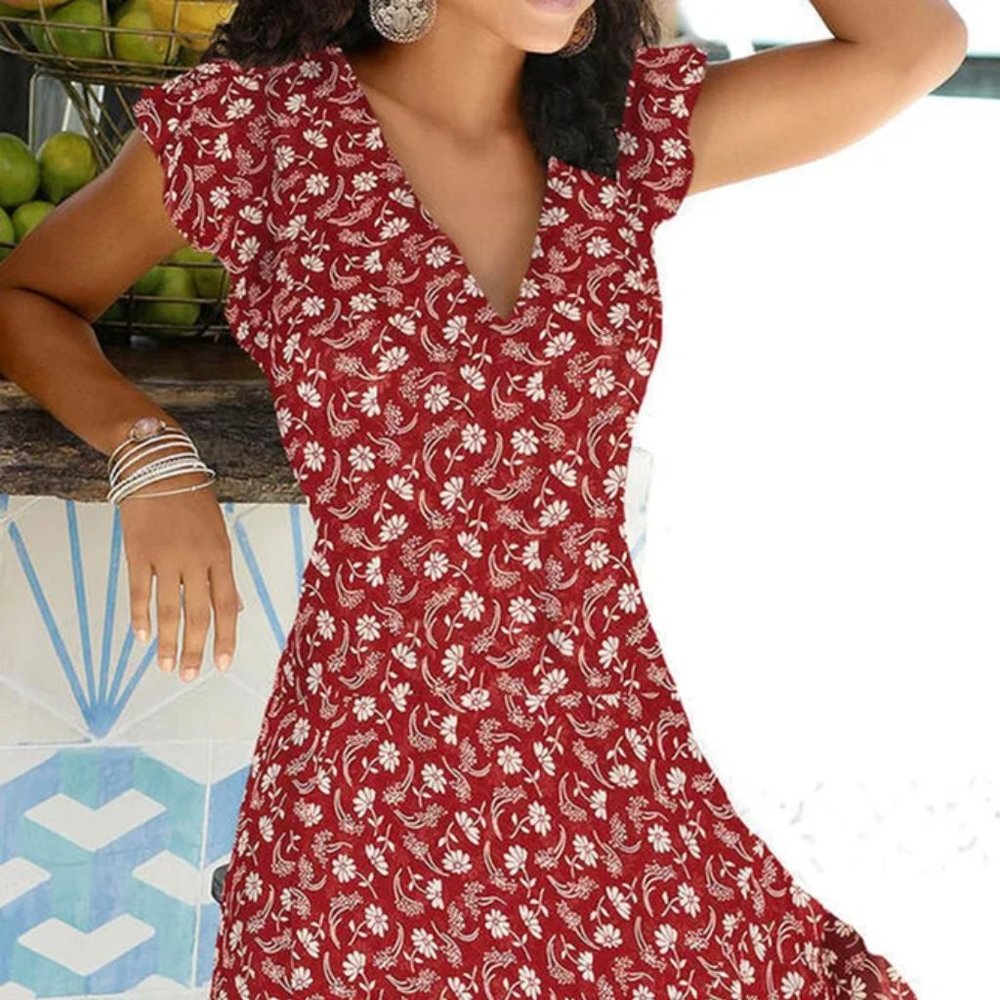 Sheilay red white floral faux wrap dress, M